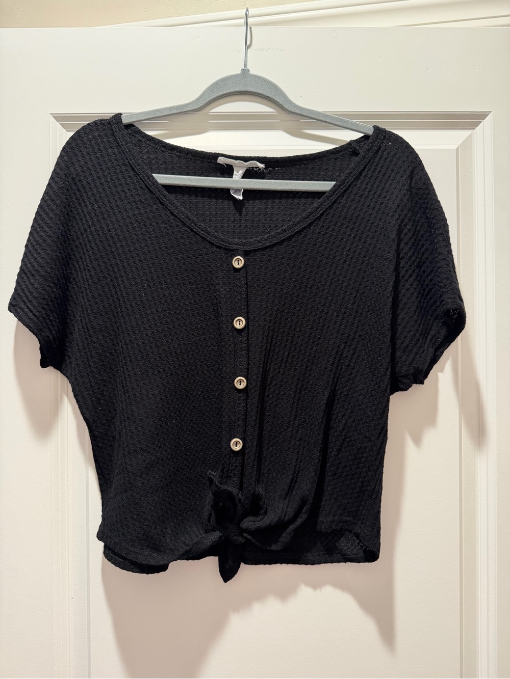 Caution To The Wind Black Button-Front Cropped Tie Top